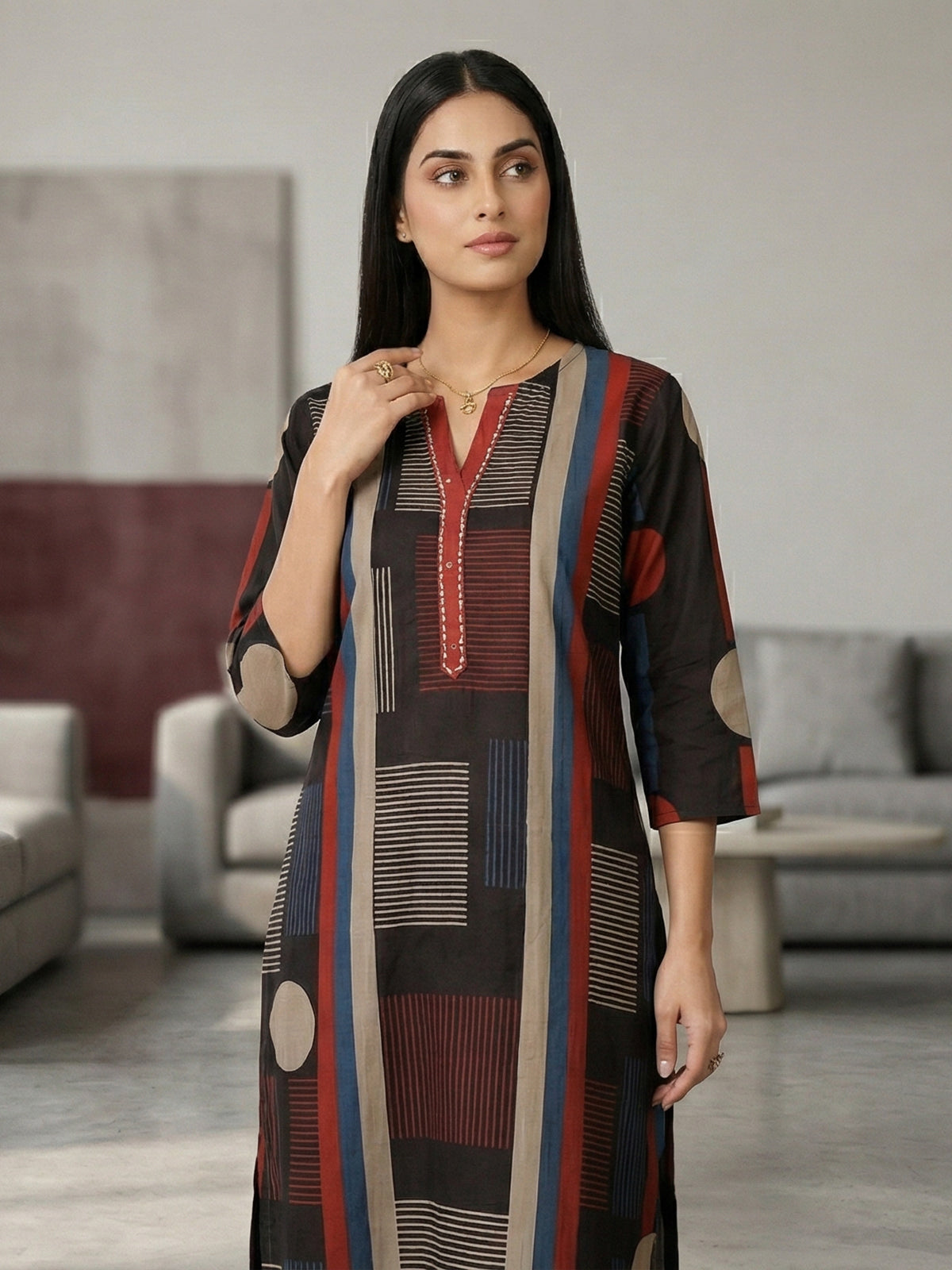 Black cotton silk printed festive kurti set with dupatta