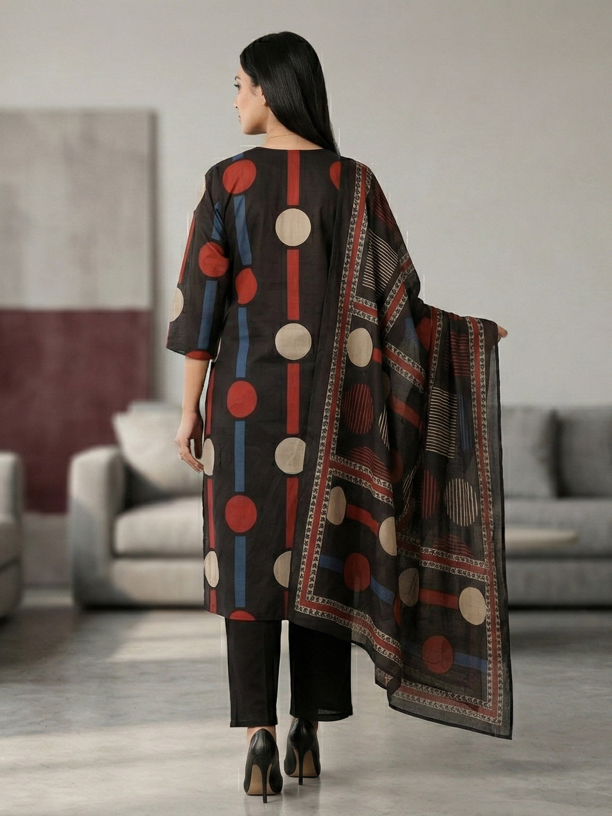 Black cotton silk printed festive kurti set with dupatta