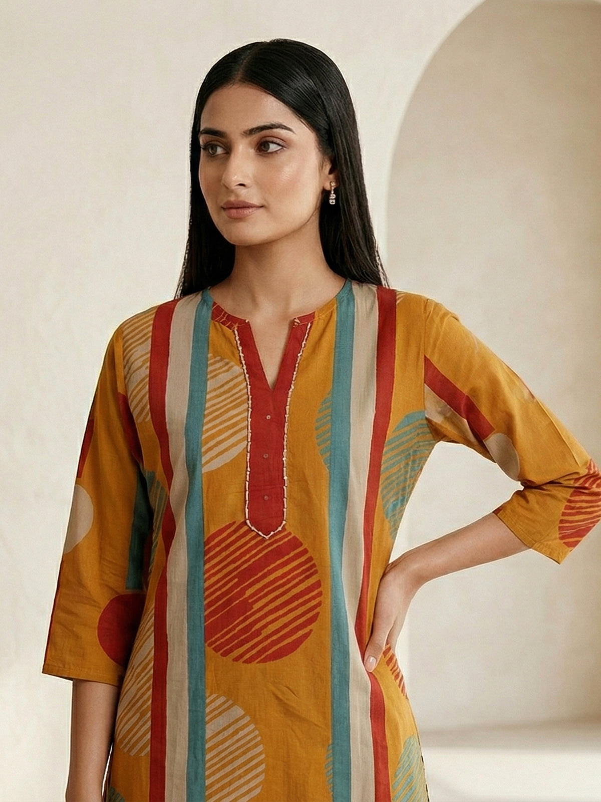 Mustard yellow cotton silk printed festive kurti set with dupatta