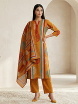 Mustard yellow cotton silk printed festive kurti set with dupatta