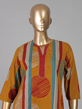 Mustard yellow cotton silk printed festive kurti set with dupatta