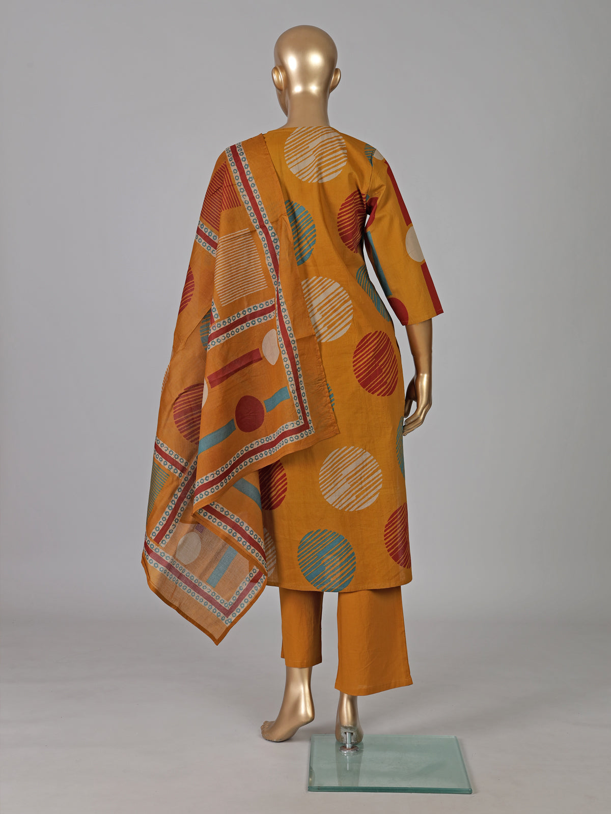 Mustard yellow cotton silk printed festive kurti set with dupatta
