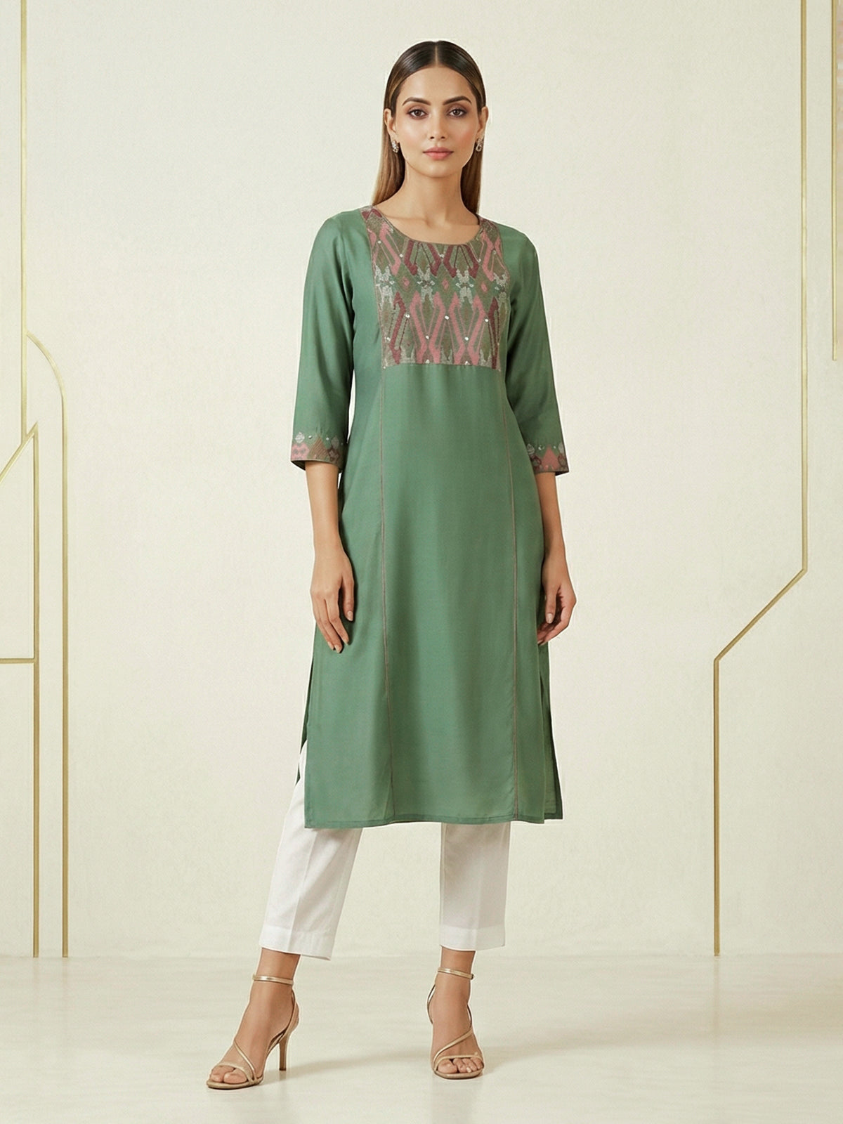 Pista green geometric embroidered cotton silk kurti