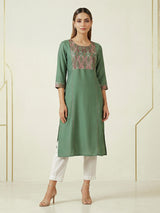 Pista green geometric embroidered cotton silk kurti