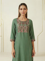 Pista green geometric embroidered cotton silk kurti