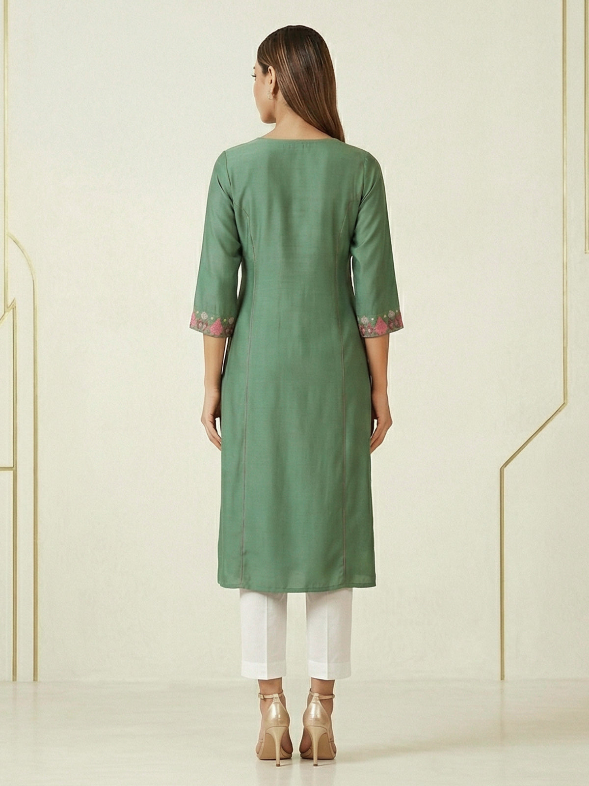 Pista green geometric embroidered cotton silk kurti