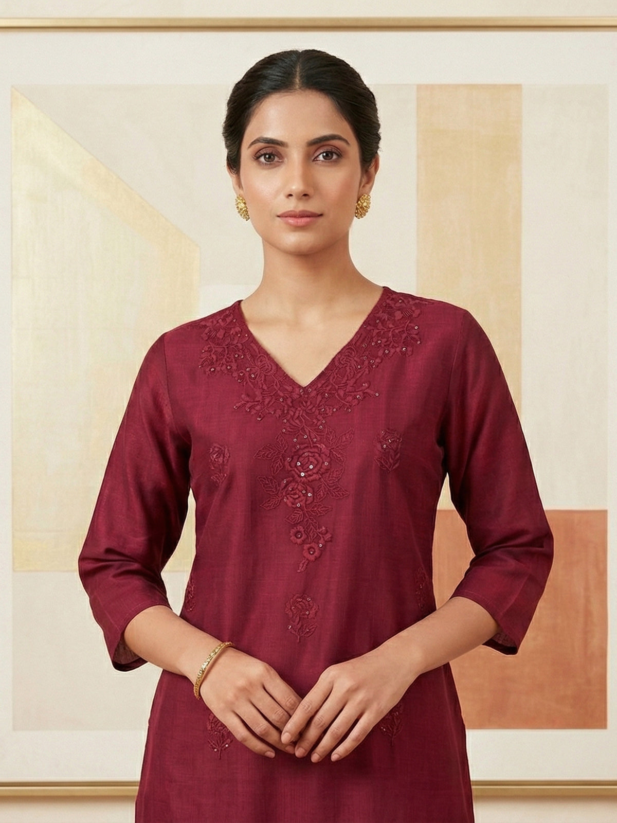 Maroon casual embroidered cotton silk kurti