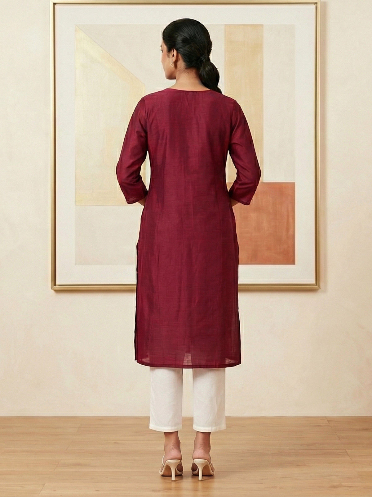 Maroon casual embroidered cotton silk kurti