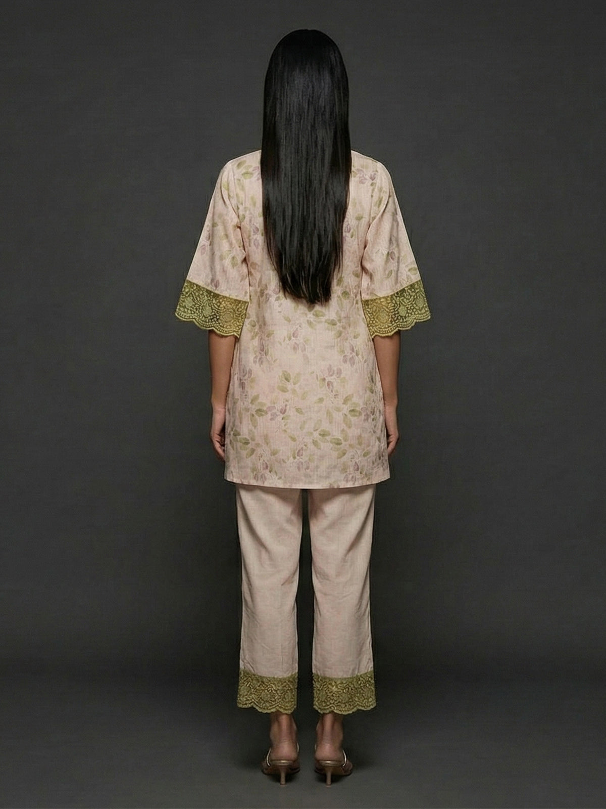 Beige cotton floral printed casual co ord pant set