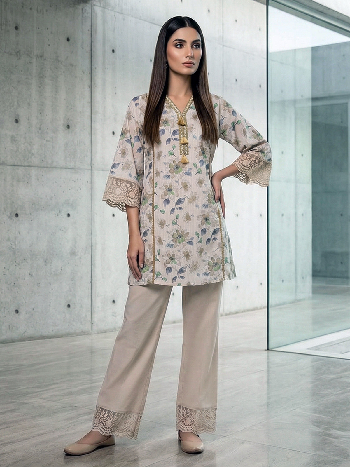 Off white cotton linen floral printed lace co ord set
