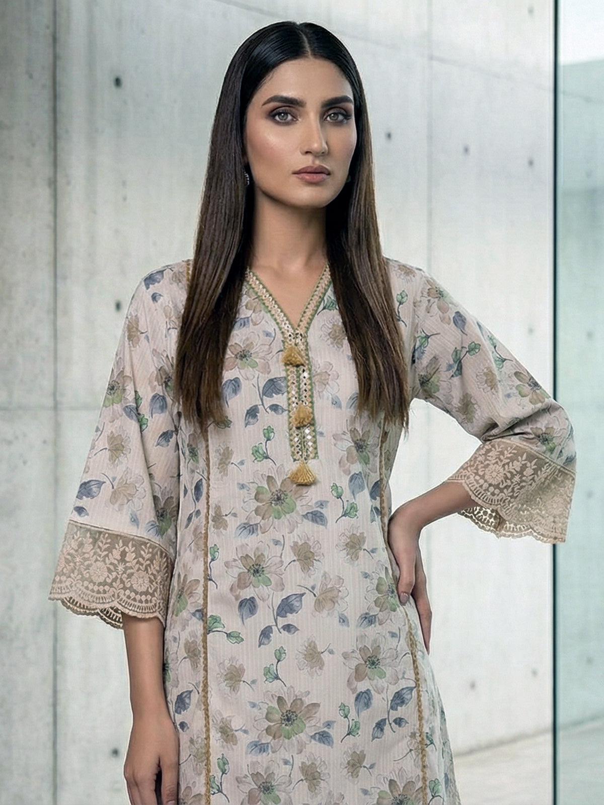 Off white cotton linen floral printed lace co ord set