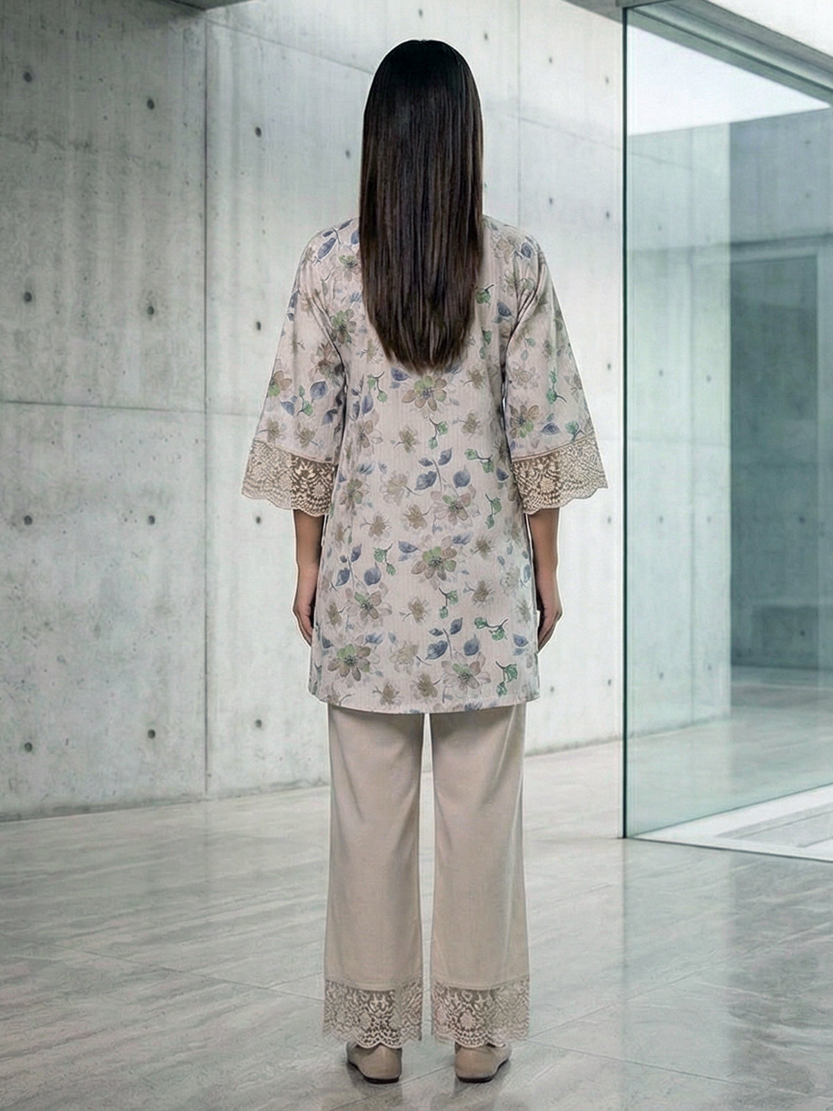 Off white cotton linen floral printed lace co ord set
