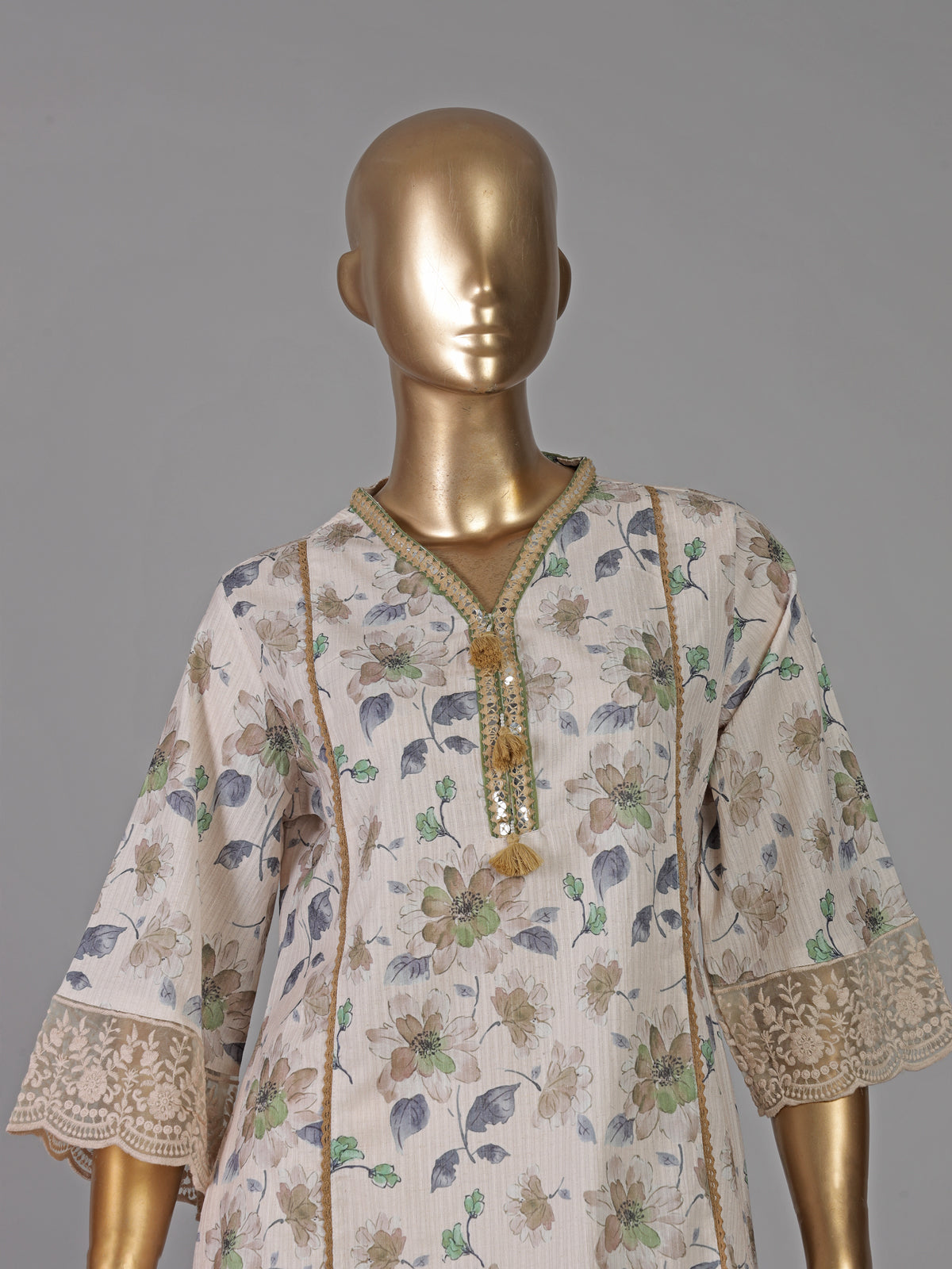 Off white cotton linen floral printed lace co ord set