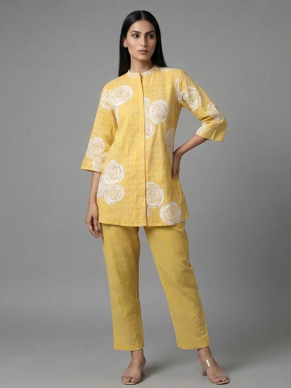 Yellow cotton co ord set with delicate cut work
