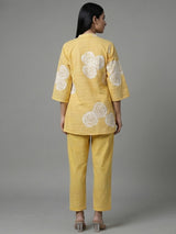 Yellow cotton co ord set with delicate cut work