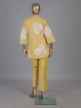 Yellow cotton co ord set with delicate cut work