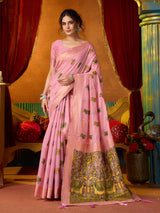 Pink cotton linen saree with zari border elegance