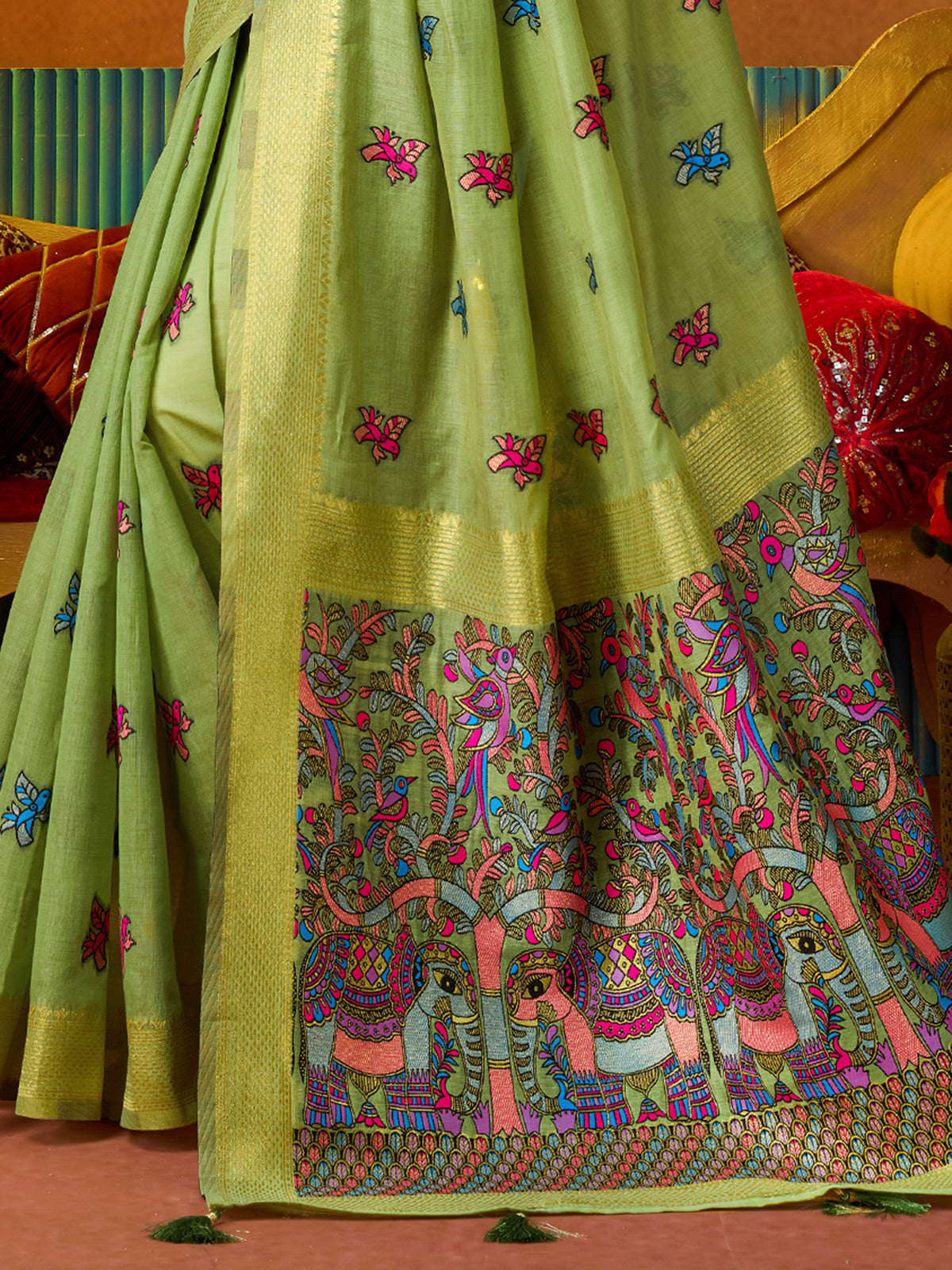 Pista green cotton linen saree with elegant zari border
