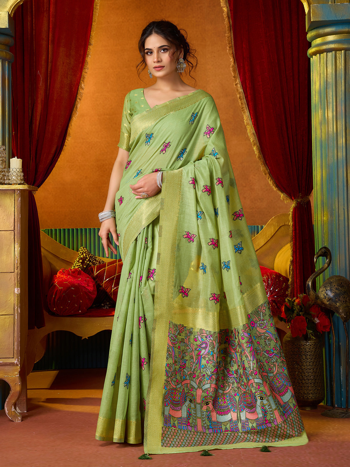 Pista green cotton linen saree with elegant zari border
