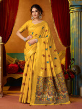 Mustard yellow cotton linen saree with floral zari border