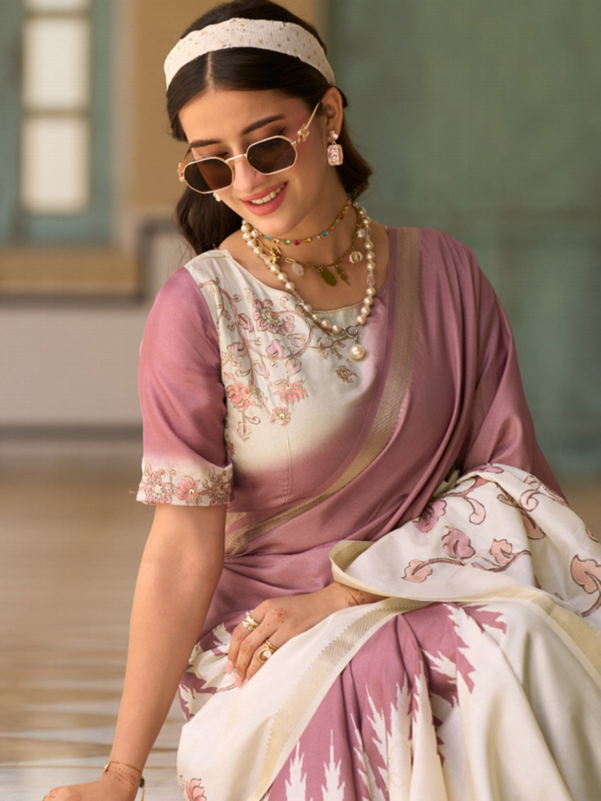 Mauve and off white tussar silk saree elegance