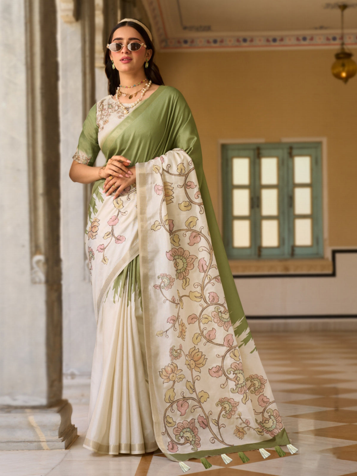 Pista green and off white tussar silk saree charm