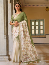 Pista green and off white tussar silk saree charm