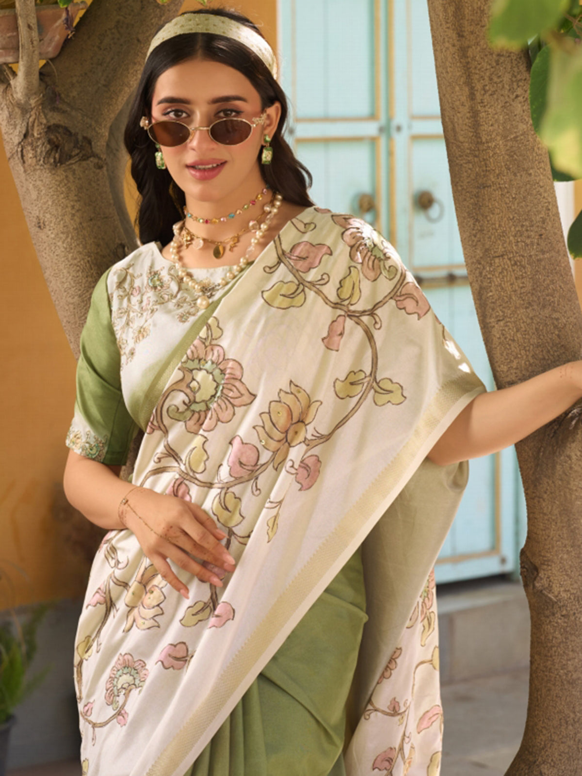 Pista green and off white tussar silk saree charm