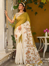 Mehendi olive and off white tussar silk saree