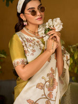 Mehendi olive and off white tussar silk saree