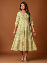 Mehendi green cotton silk yoke kurti with aabla and embroidery