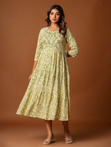 Mehendi green cotton silk yoke kurti with aabla and embroidery