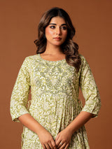 Mehendi green cotton silk yoke kurti with aabla and embroidery
