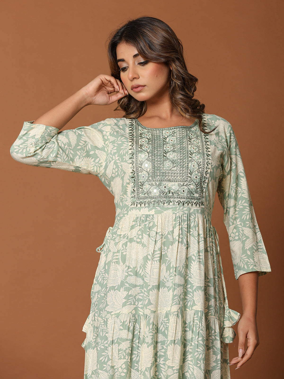 Pista green cotton silk yoke kurti with aabla work