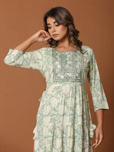 Pista green cotton silk yoke kurti with aabla work