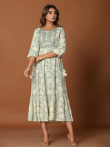 Pista green cotton silk yoke kurti with aabla work