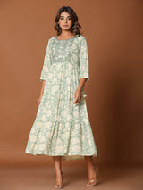 Pista green cotton silk yoke kurti with aabla work