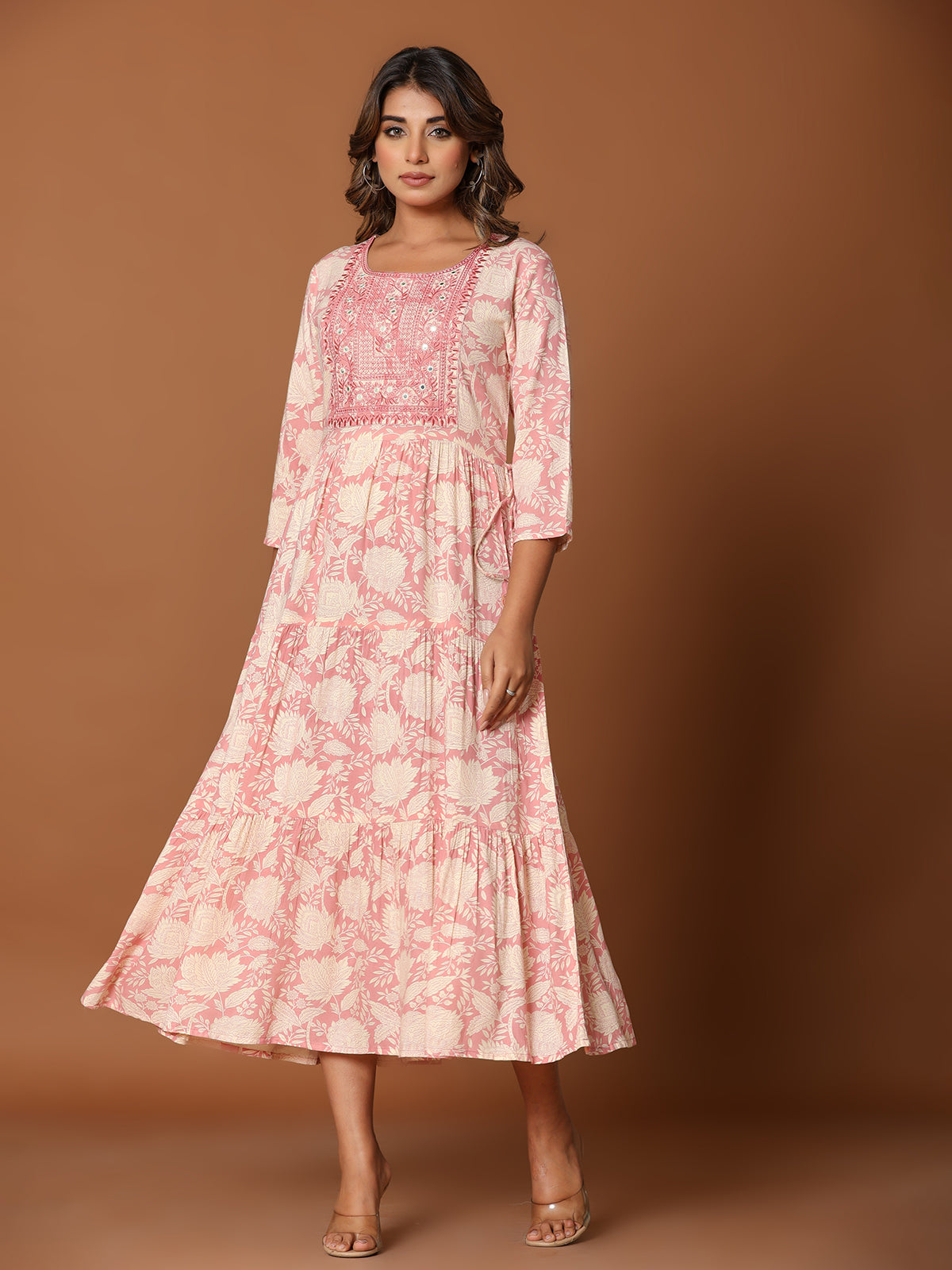 Pink cotton silk yoke kurti with floral aabla and embroidery