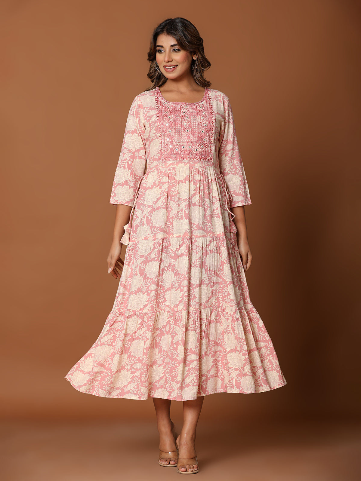 Pink cotton silk yoke kurti with floral aabla and embroidery