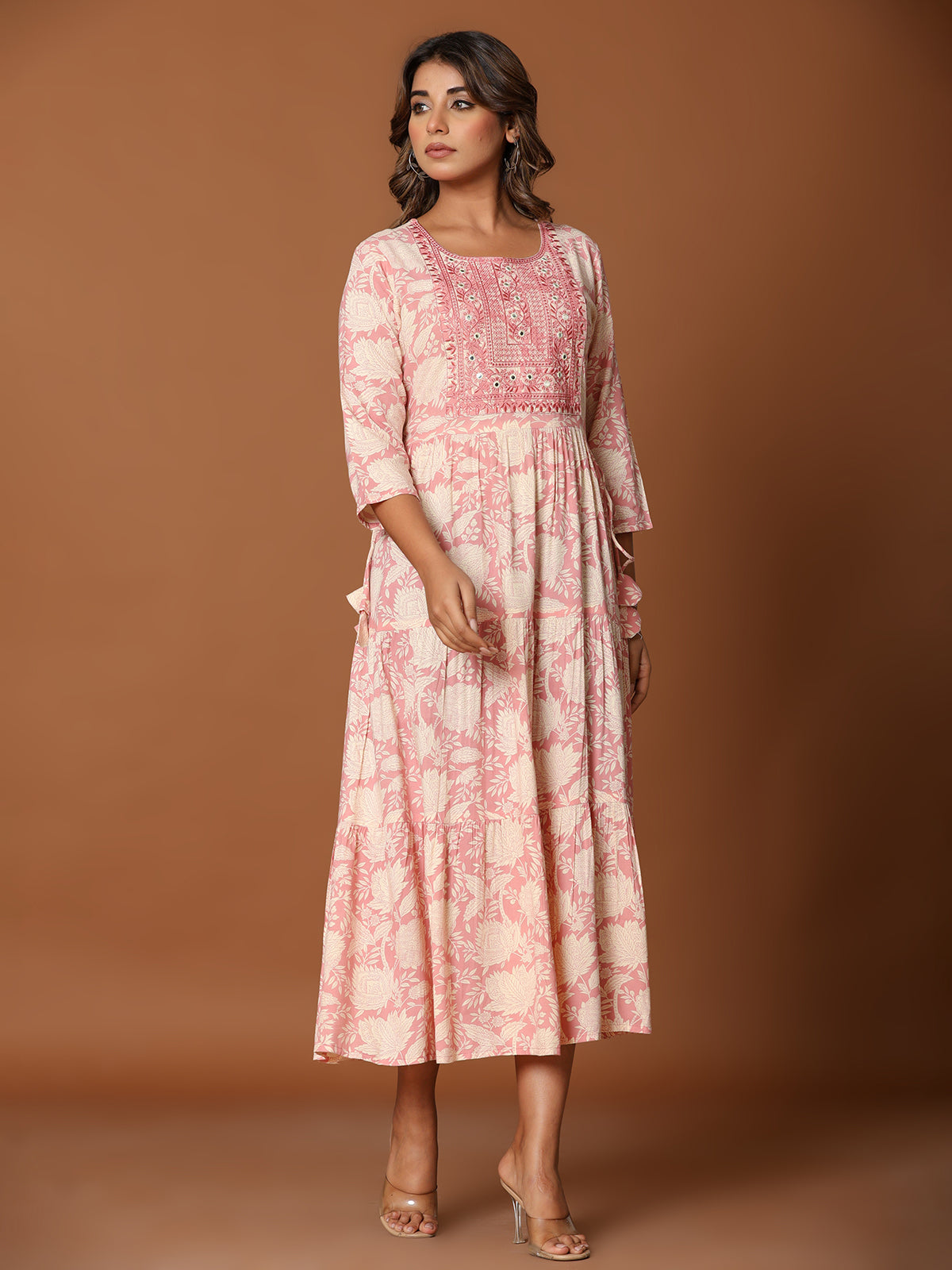 Pink cotton silk yoke kurti with floral aabla and embroidery