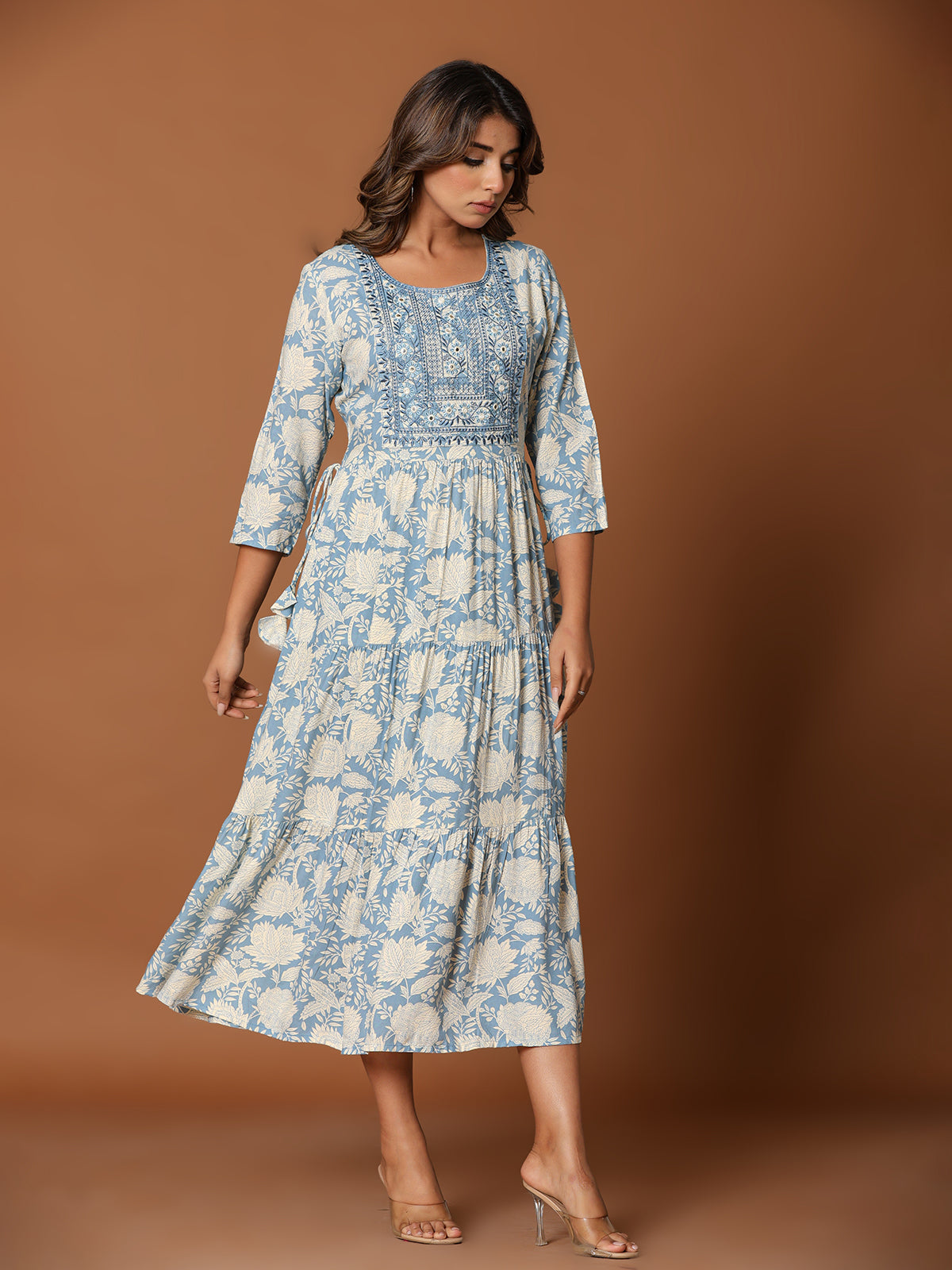 Stone blue cotton silk yoke kurti with aabla and embroidery