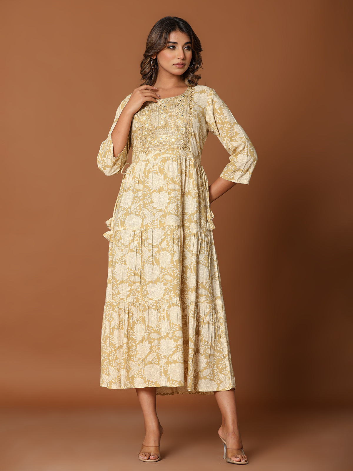 Beige cotton silk yoke style kurti with aabla and embroidery