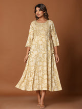 Beige cotton silk yoke style kurti with aabla and embroidery