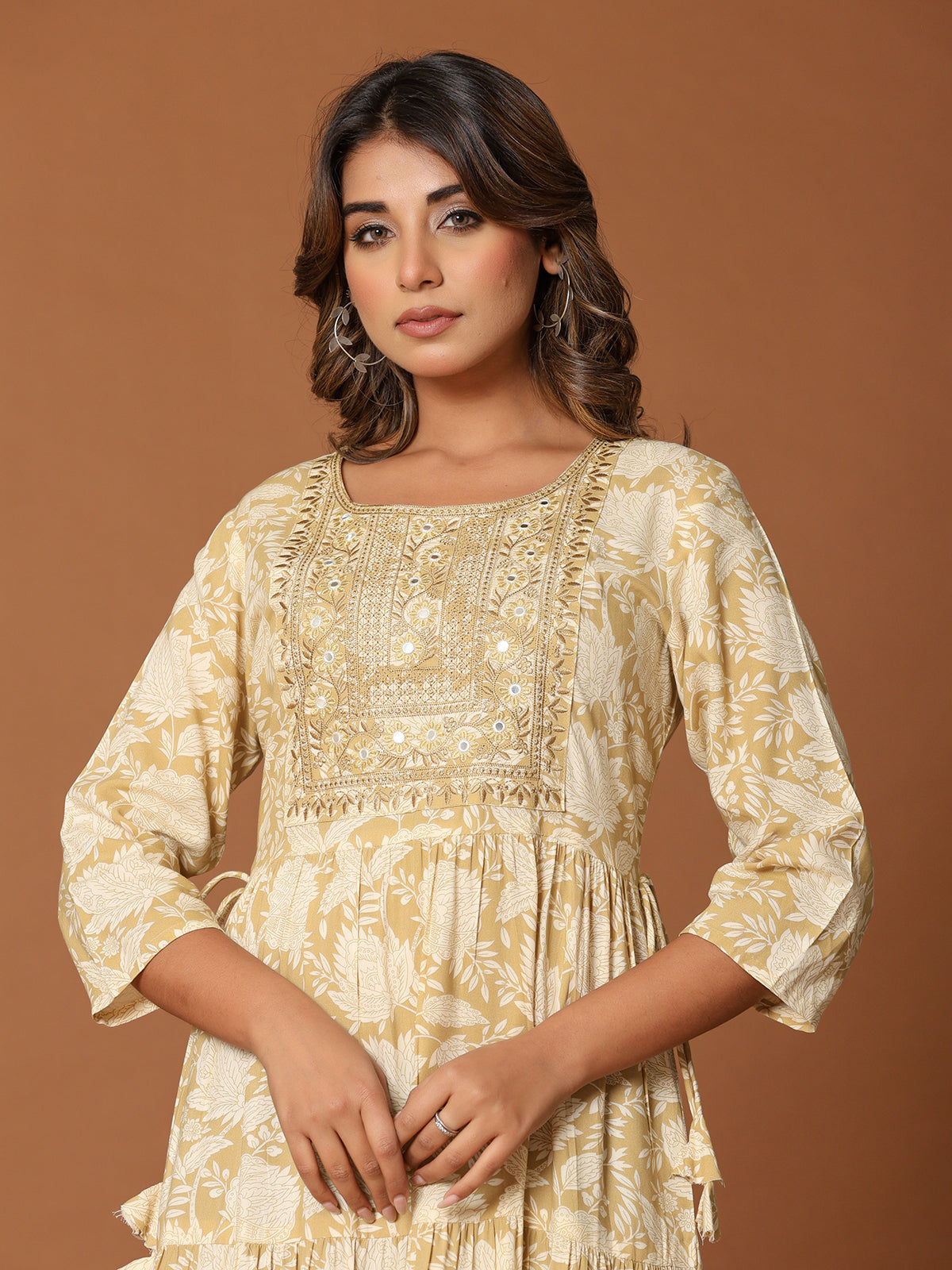 Beige cotton silk yoke style kurti with aabla and embroidery