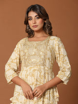 Beige cotton silk yoke style kurti with aabla and embroidery