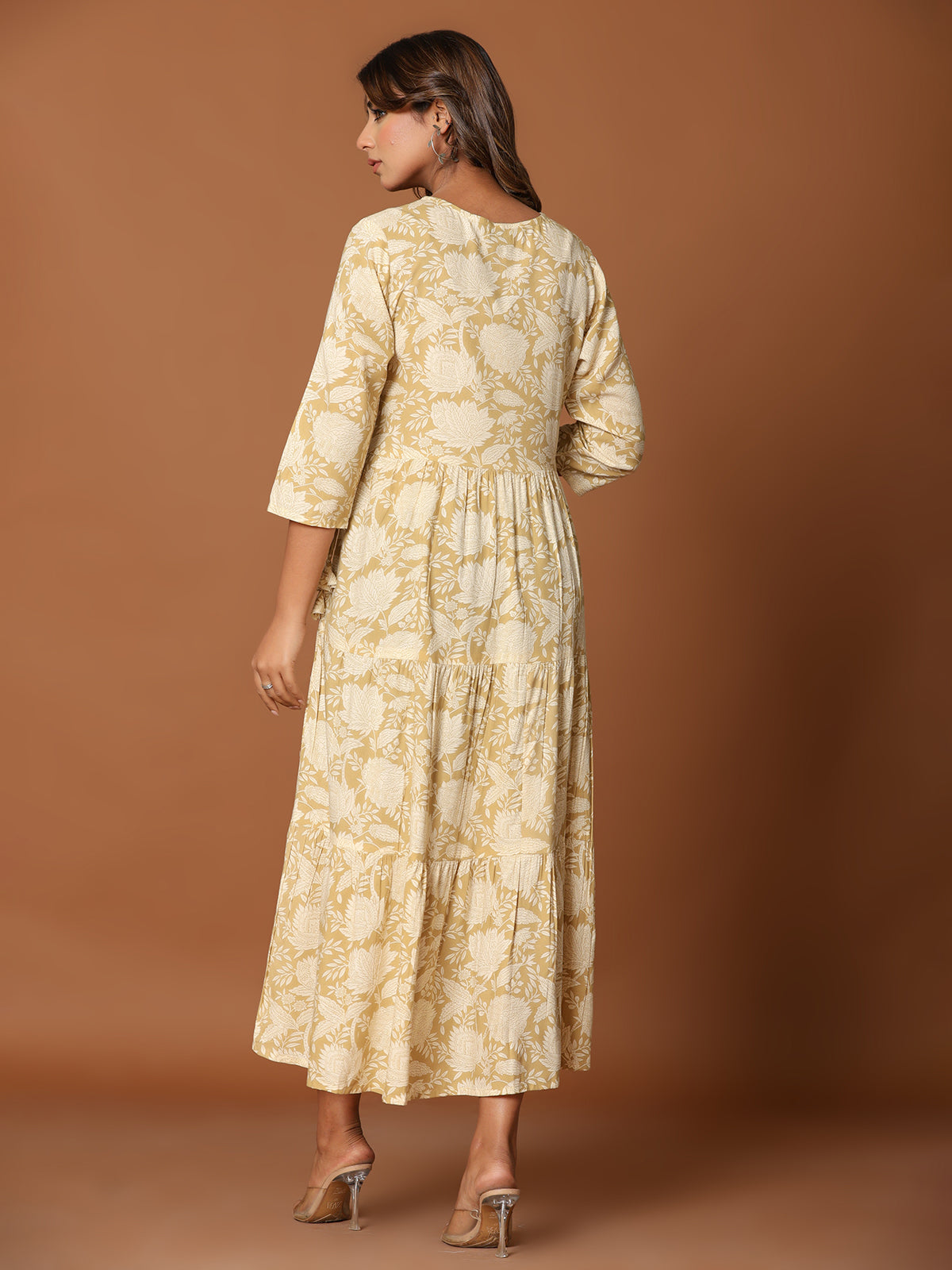 Beige cotton silk yoke style kurti with aabla and embroidery