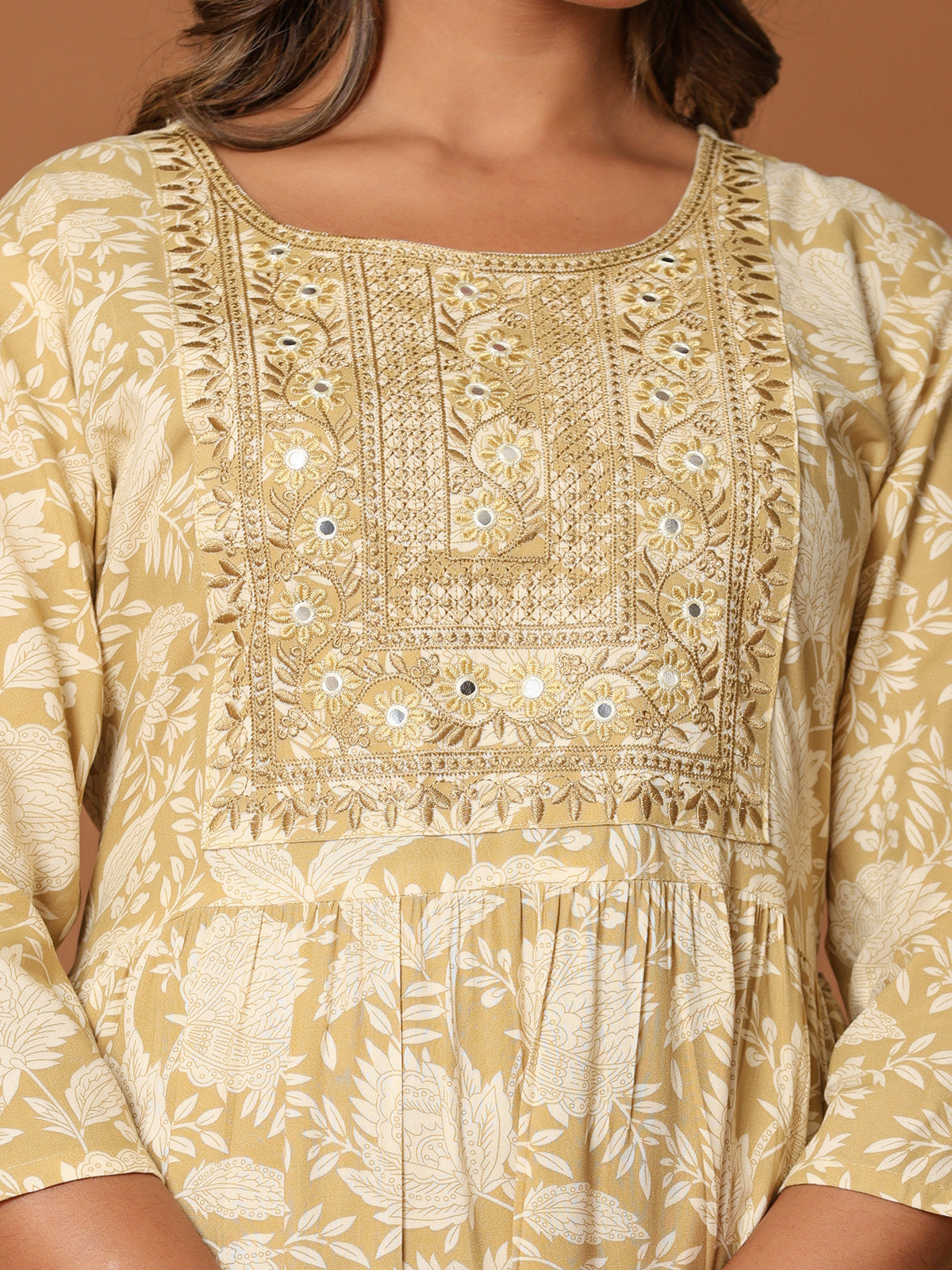 Beige cotton silk yoke style kurti with aabla and embroidery