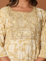 Beige cotton silk yoke style kurti with aabla and embroidery