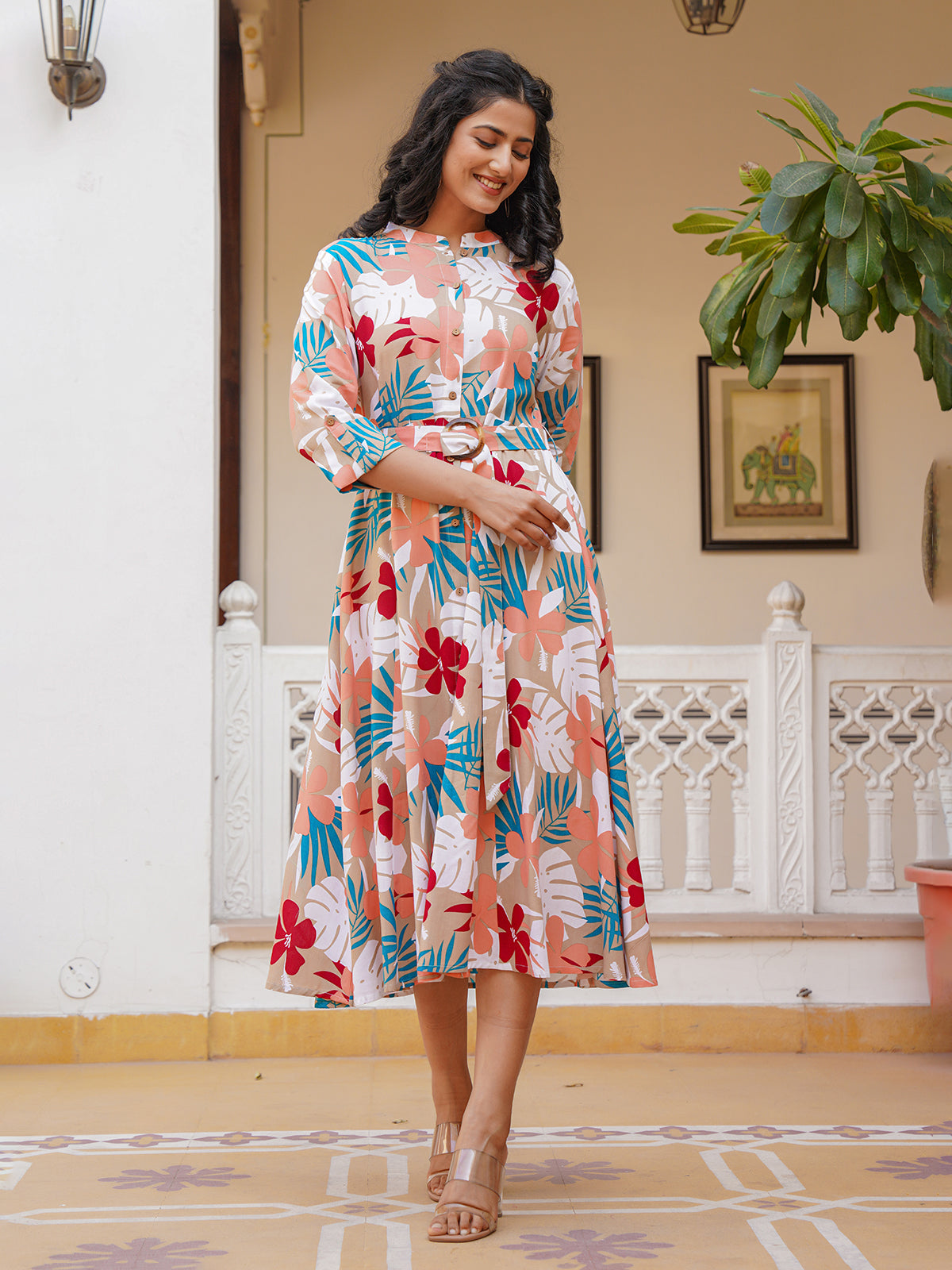 Beige silk floral printed kurti with elegant belt design