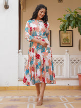 Beige silk floral printed kurti with elegant belt design